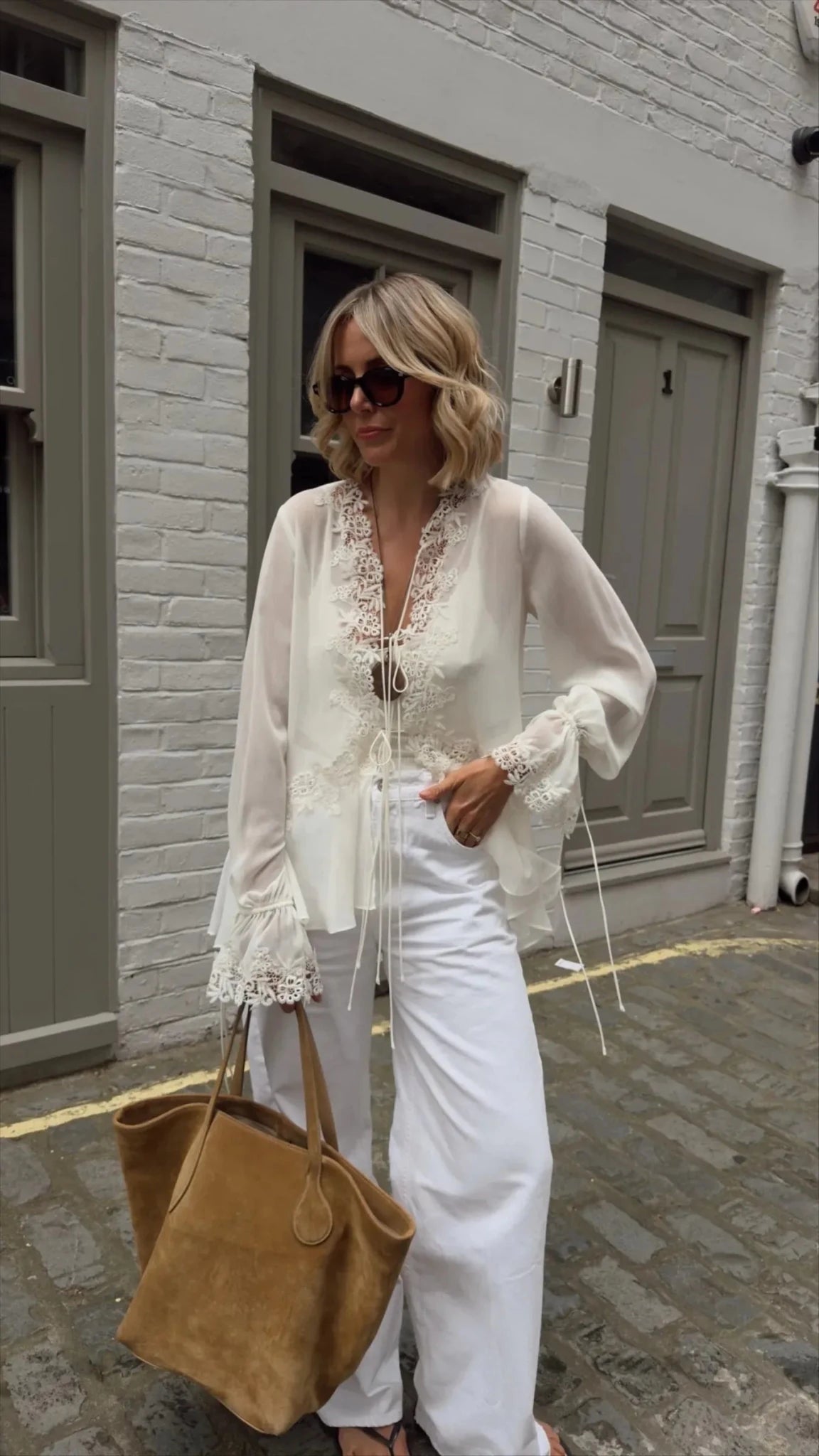 Women's Front-Tie Top with Lace Appliqué and Long Sleeves - 10