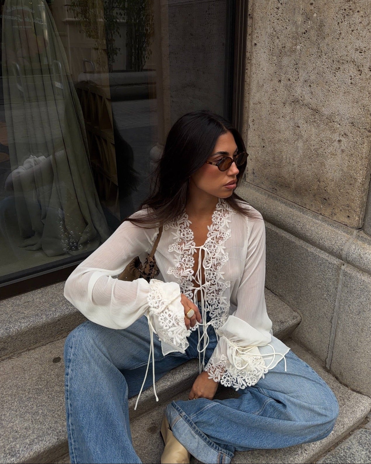 Women's Front-Tie Top with Lace Appliqué and Long Sleeves - 7