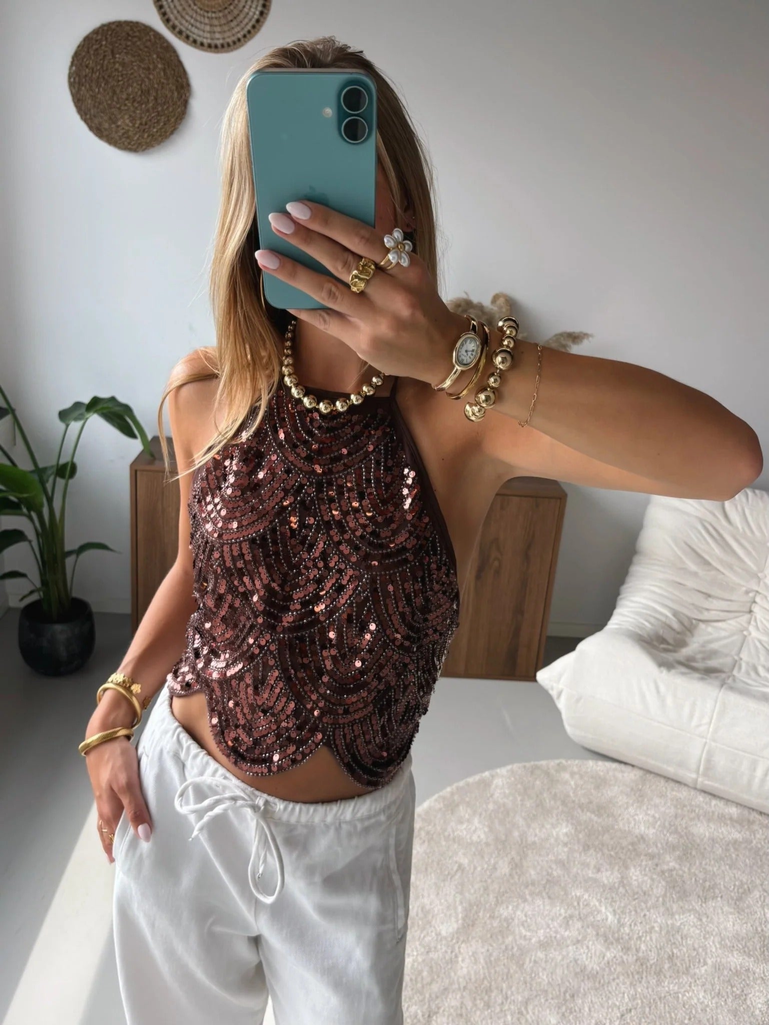 Women's Sequin Halter Top with Scalloped Hem - Bronze
