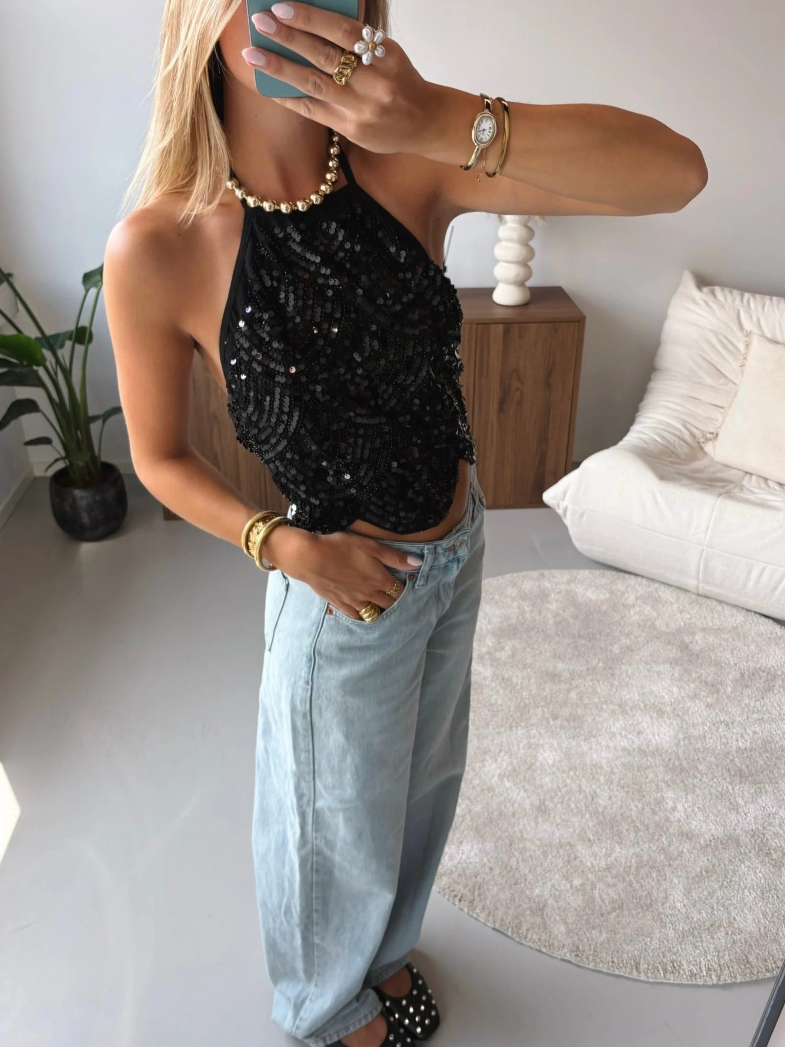 Women's Sequin Halter Top with Scalloped Hem - Black