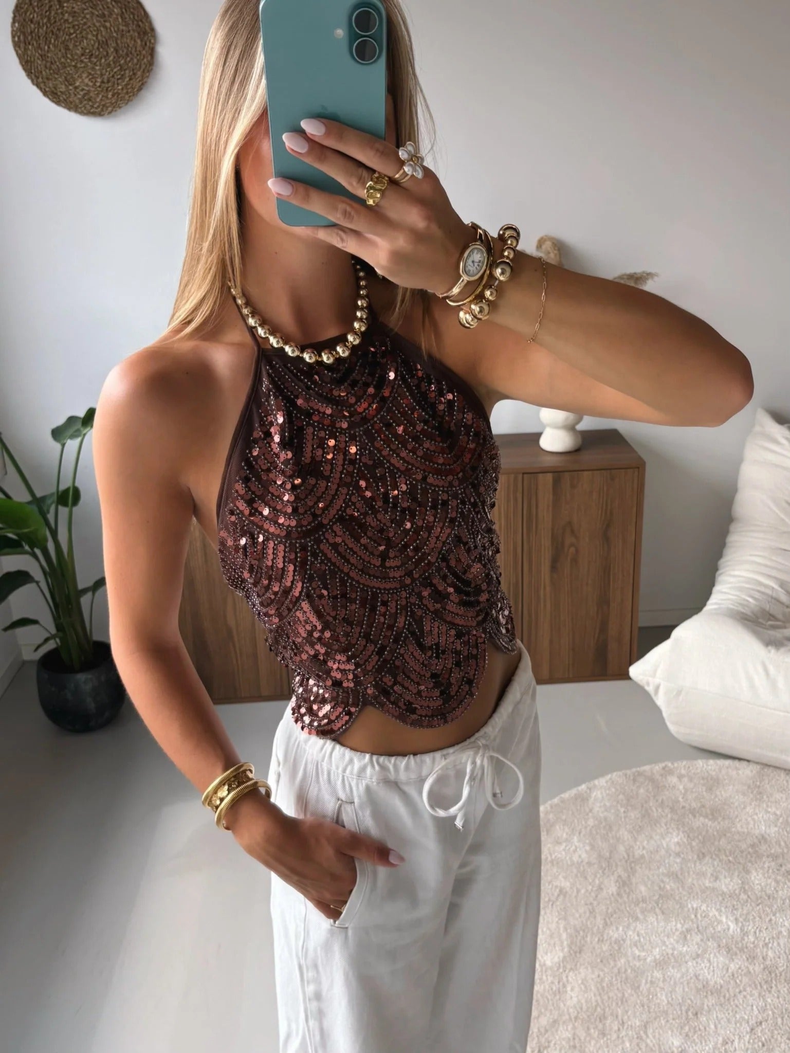 Women's Sequin Halter Top with Scalloped Hem - Bronze