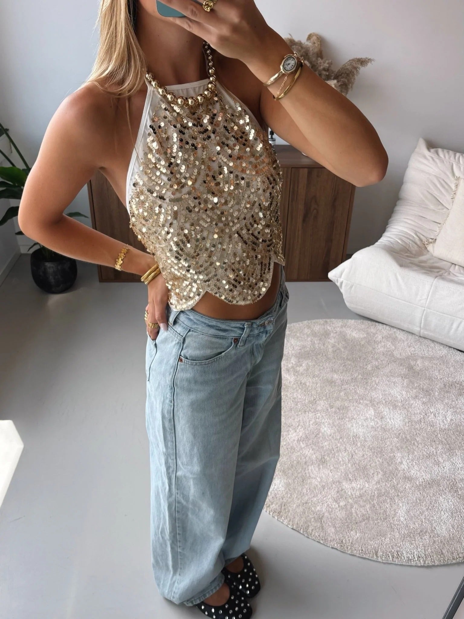 Women's Sequin Halter Top with Scalloped Hem - Gold