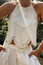 Women's Sequin Halter Top with Scalloped Hem - White