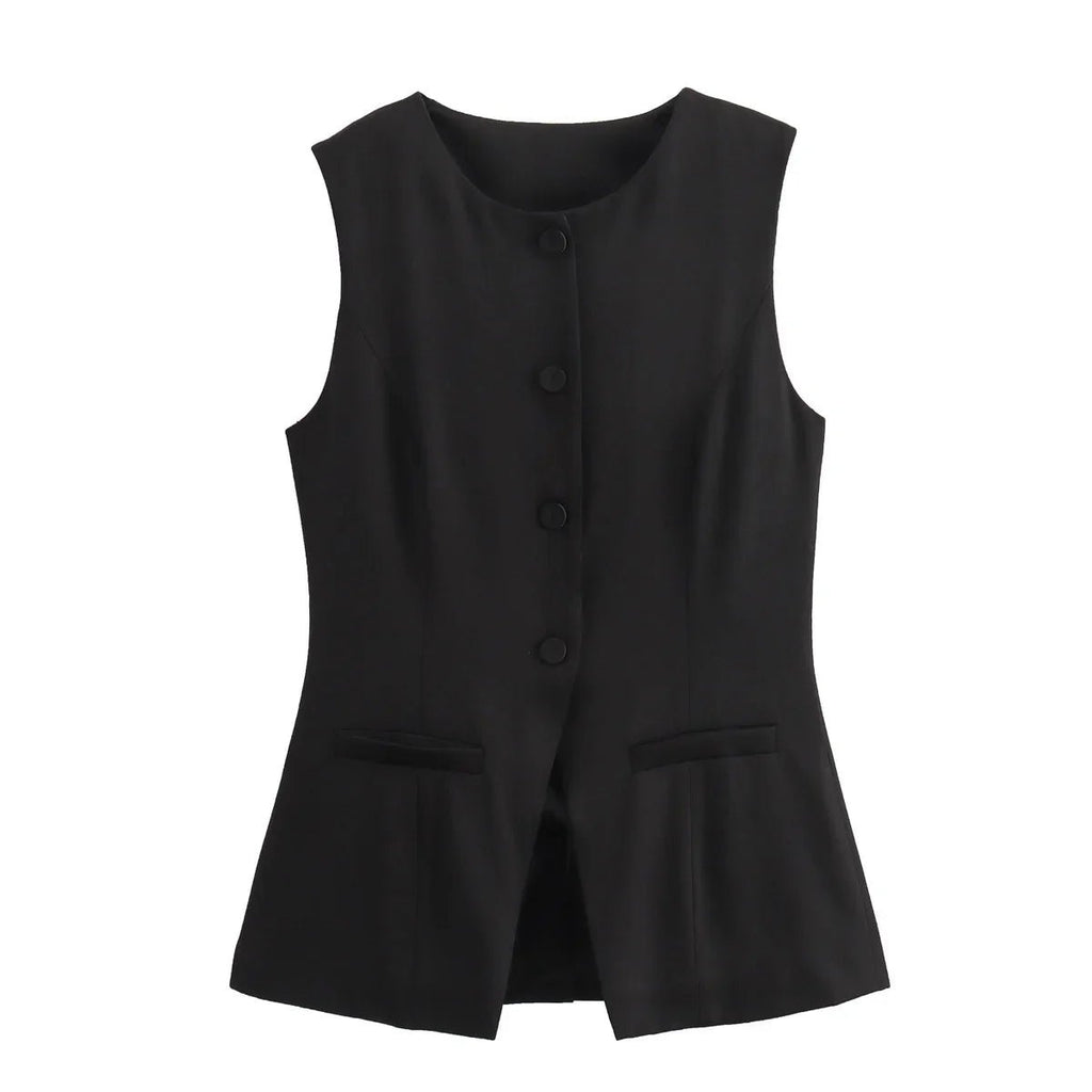 Women's Sleeveless Button-Up Vest Top with Round Neck - 9