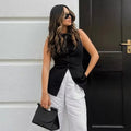 Women's Sleeveless Button-Up Vest Top with Round Neck - Black