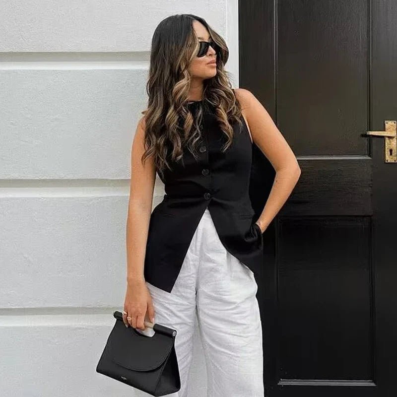 Women's Sleeveless Button-Up Vest Top with Round Neck - Black