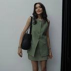 Women's Sleeveless Button-Up Vest Top with Round Neck - Green