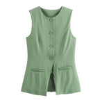 Women's Sleeveless Button-Up Vest Top with Round Neck - 11