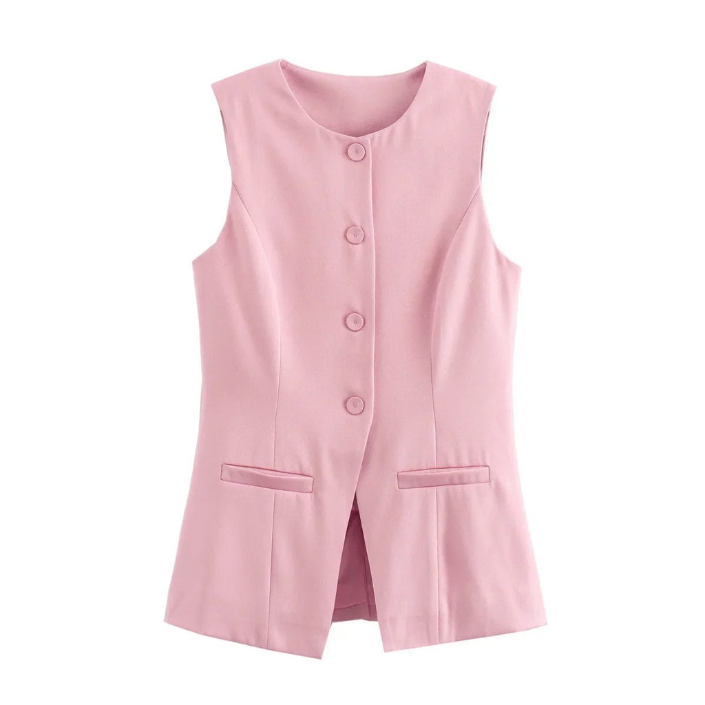 Women's Sleeveless Button-Up Vest Top with Round Neck - 12