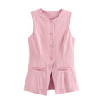 Women's Sleeveless Button-Up Vest Top with Round Neck - 12