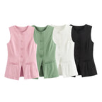 Women's Sleeveless Button-Up Vest Top with Round Neck - 13