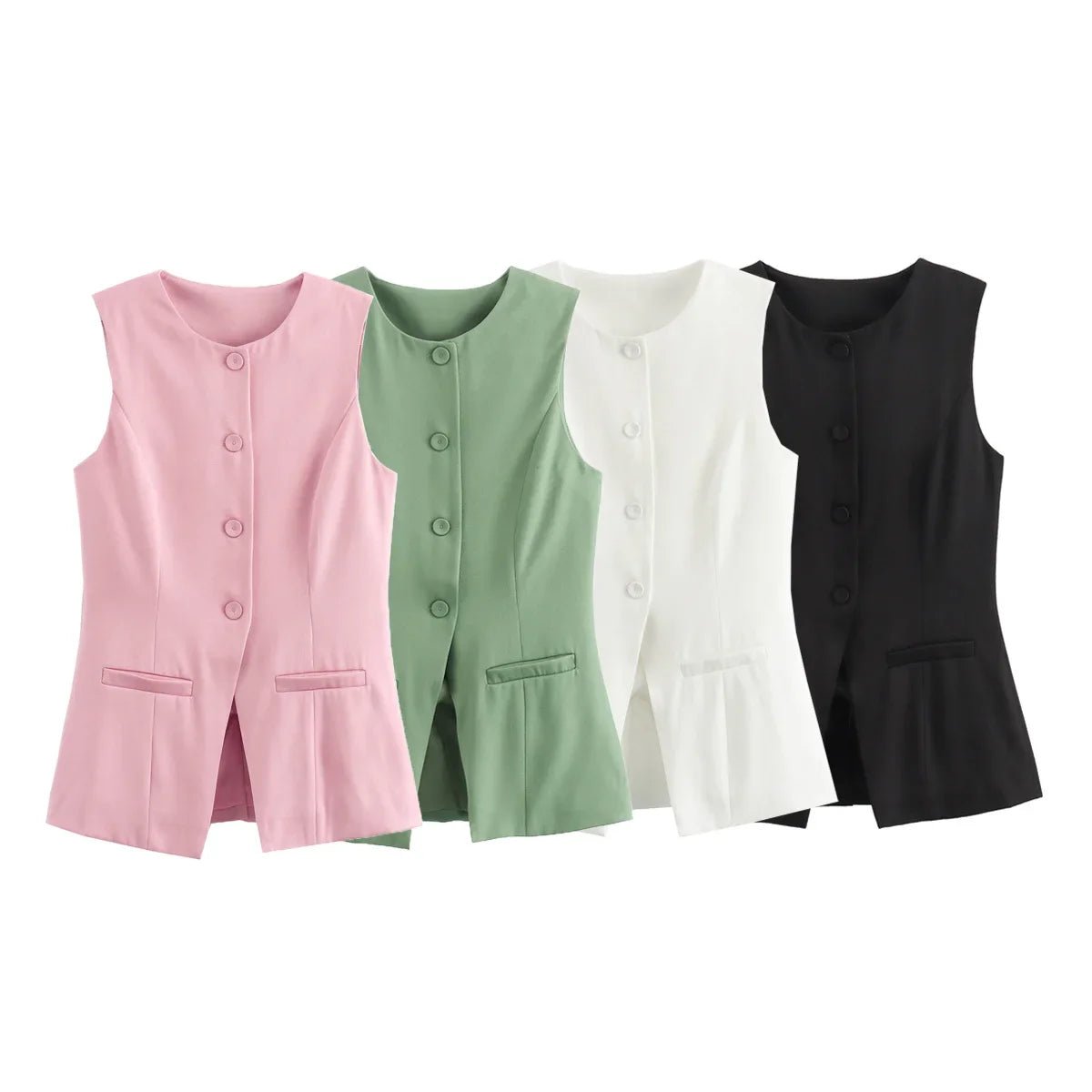 Women's Sleeveless Button-Up Vest Top with Round Neck - 13