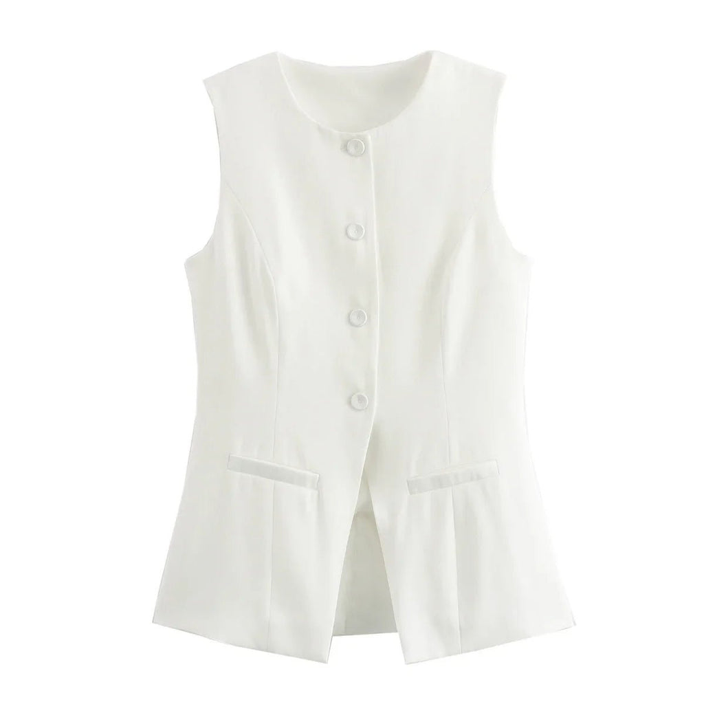 Women's Sleeveless Button-Up Vest Top with Round Neck - 6