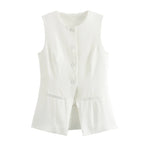 Women's Sleeveless Button-Up Vest Top with Round Neck - 6