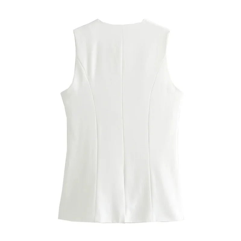 Women's Sleeveless Button-Up Vest Top with Round Neck - 7