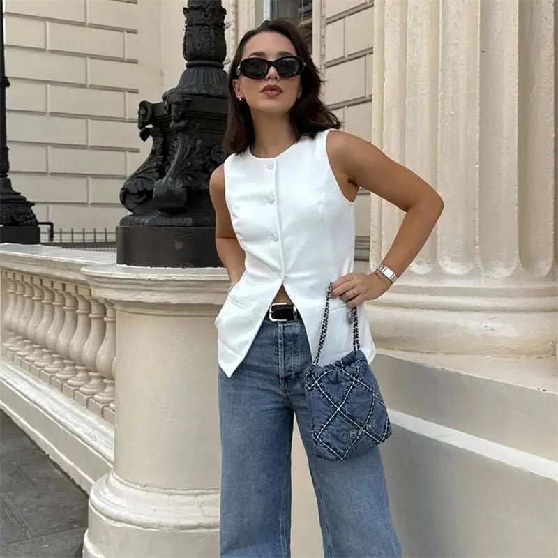 Women's Sleeveless Button-Up Vest Top with Round Neck - 4