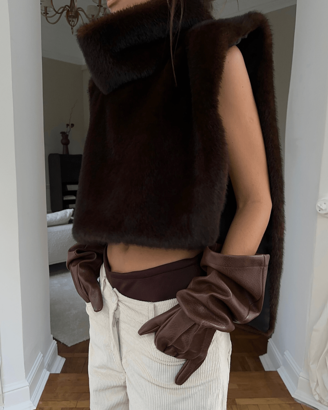 Women's Turtleneck Gilet Sleeveless with Asymmetric Cropped Silhouette - Brown