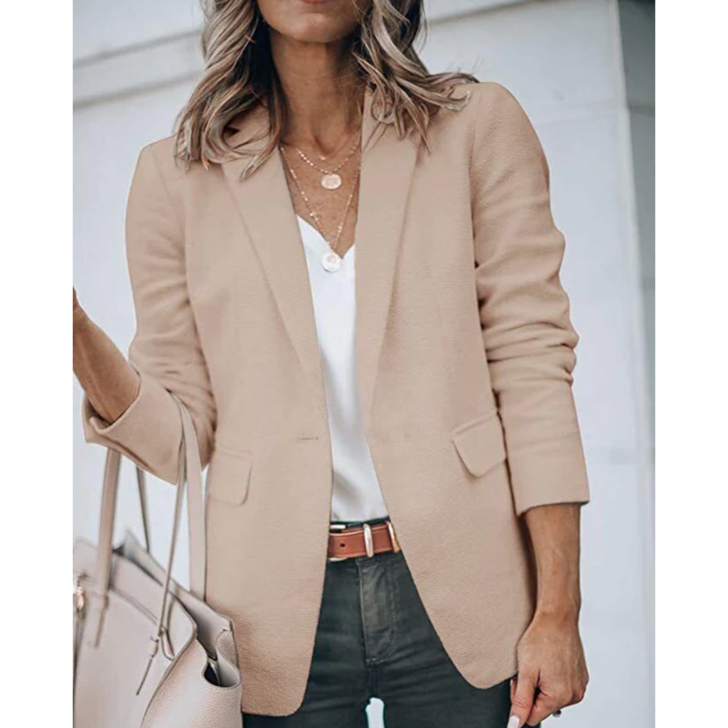 Women's Single Button Blazer with Notch Lapels - Light Brown