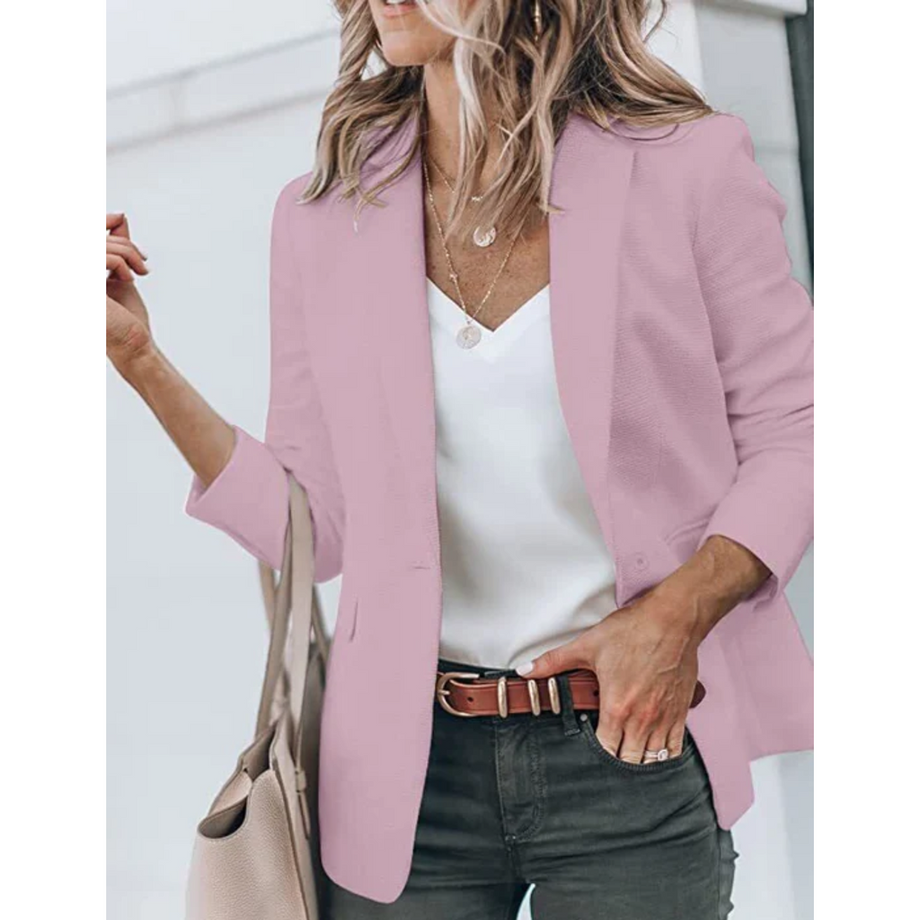 Women's Single Button Blazer with Notch Lapels - Pink