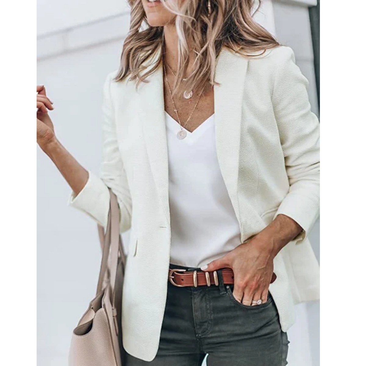 Women's Single Button Blazer with Notch Lapels - White
