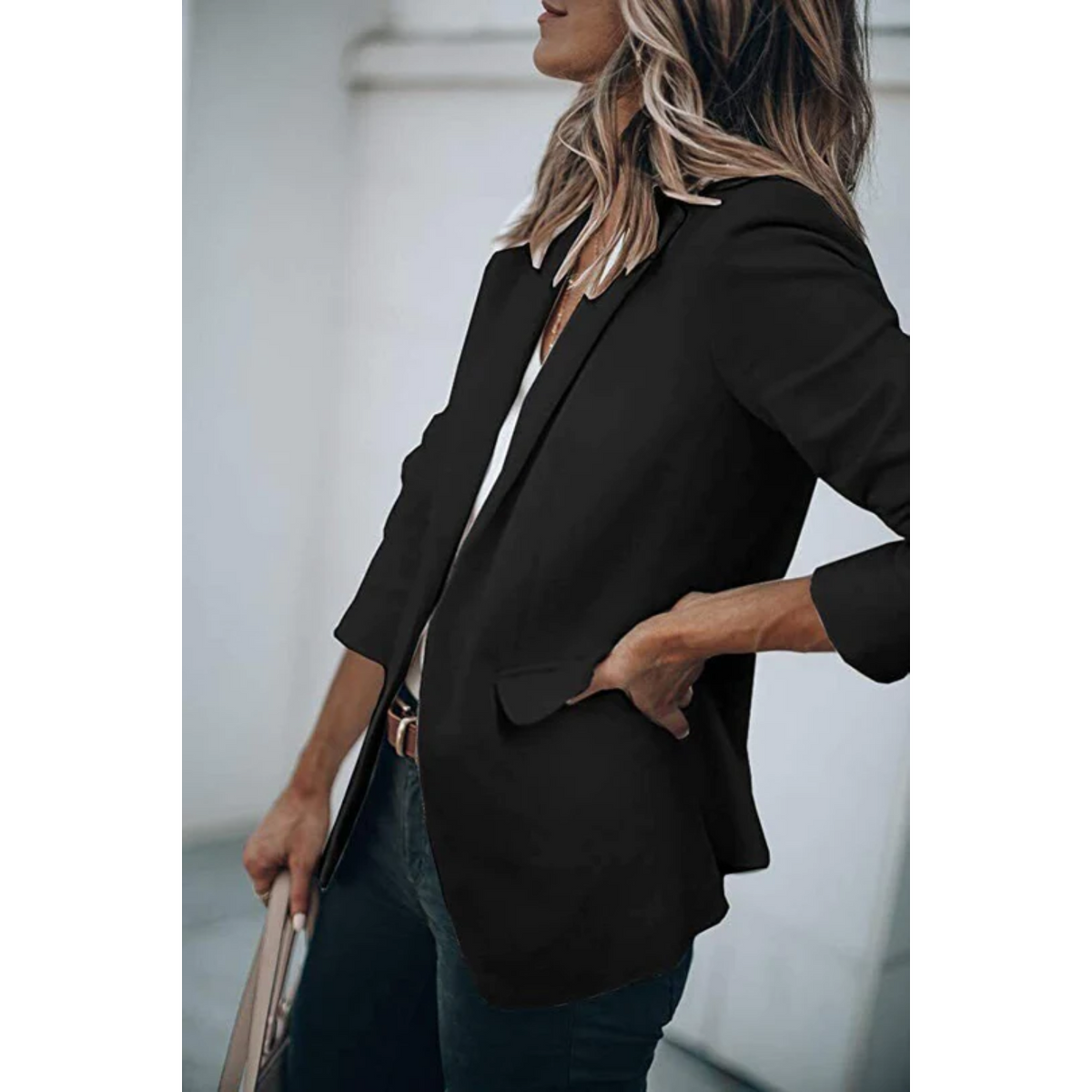 Women's Single Button Blazer with Notch Lapels - Black