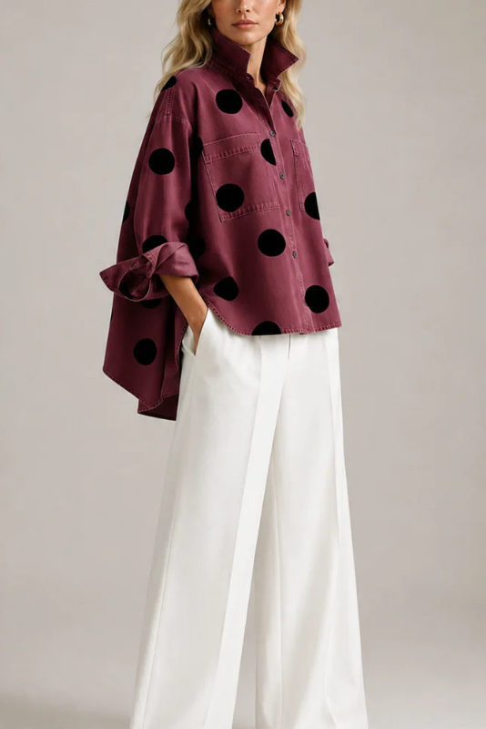 Women's Polka Dot Blouse Oversized with Dramatic Draped Back - 10