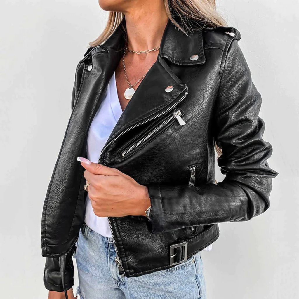 Women's Faux Leather Jacket with Button Front and Tailored Fit - 3