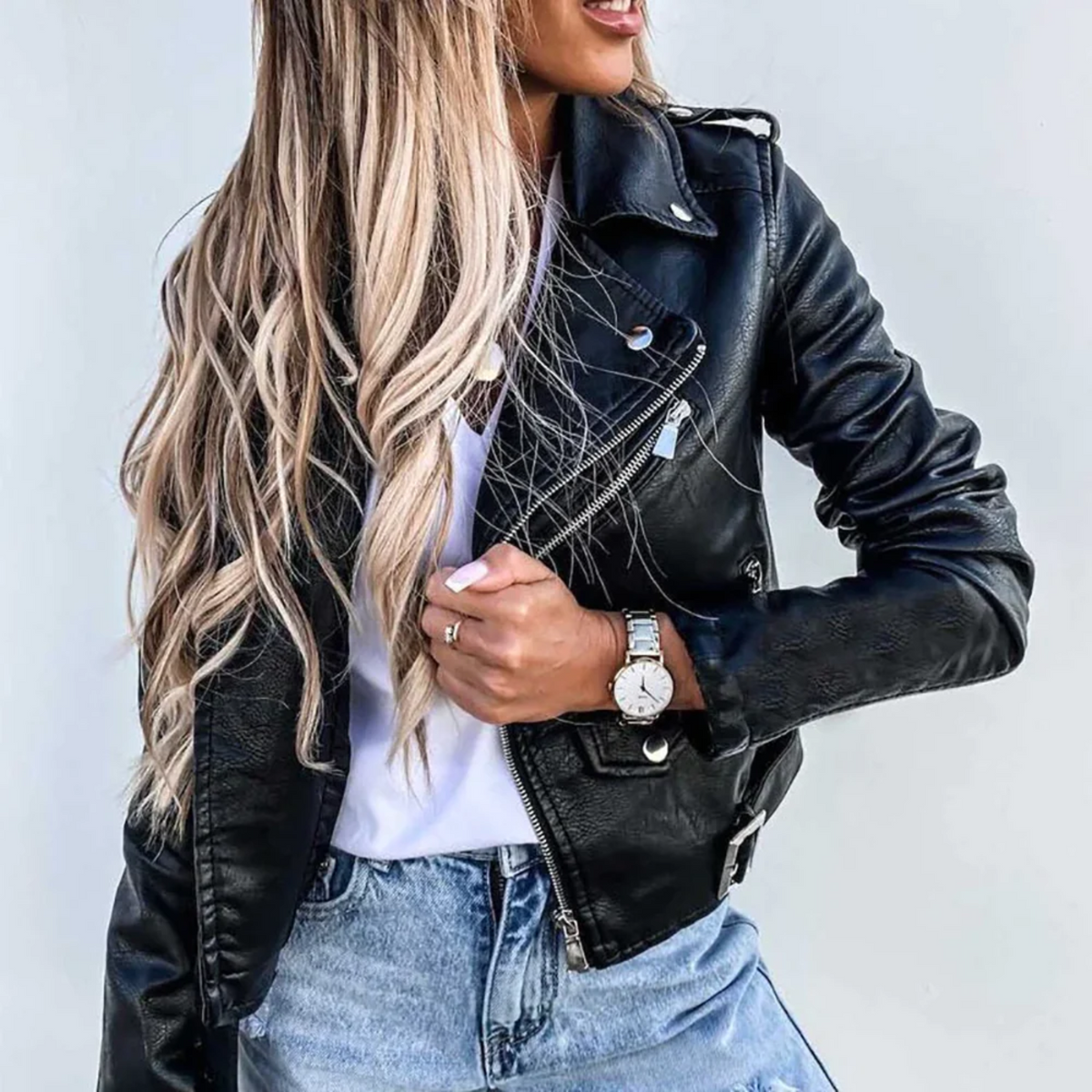 Women's Faux Leather Jacket with Button Front and Tailored Fit