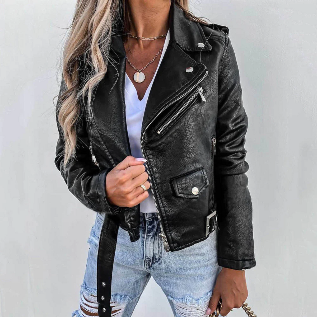 Women's Faux Leather Jacket with Button Front and Tailored Fit - Black