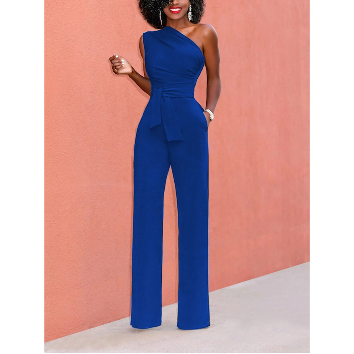 Women's Short Sleeve Jumpsuit with Wide Legs - Blue