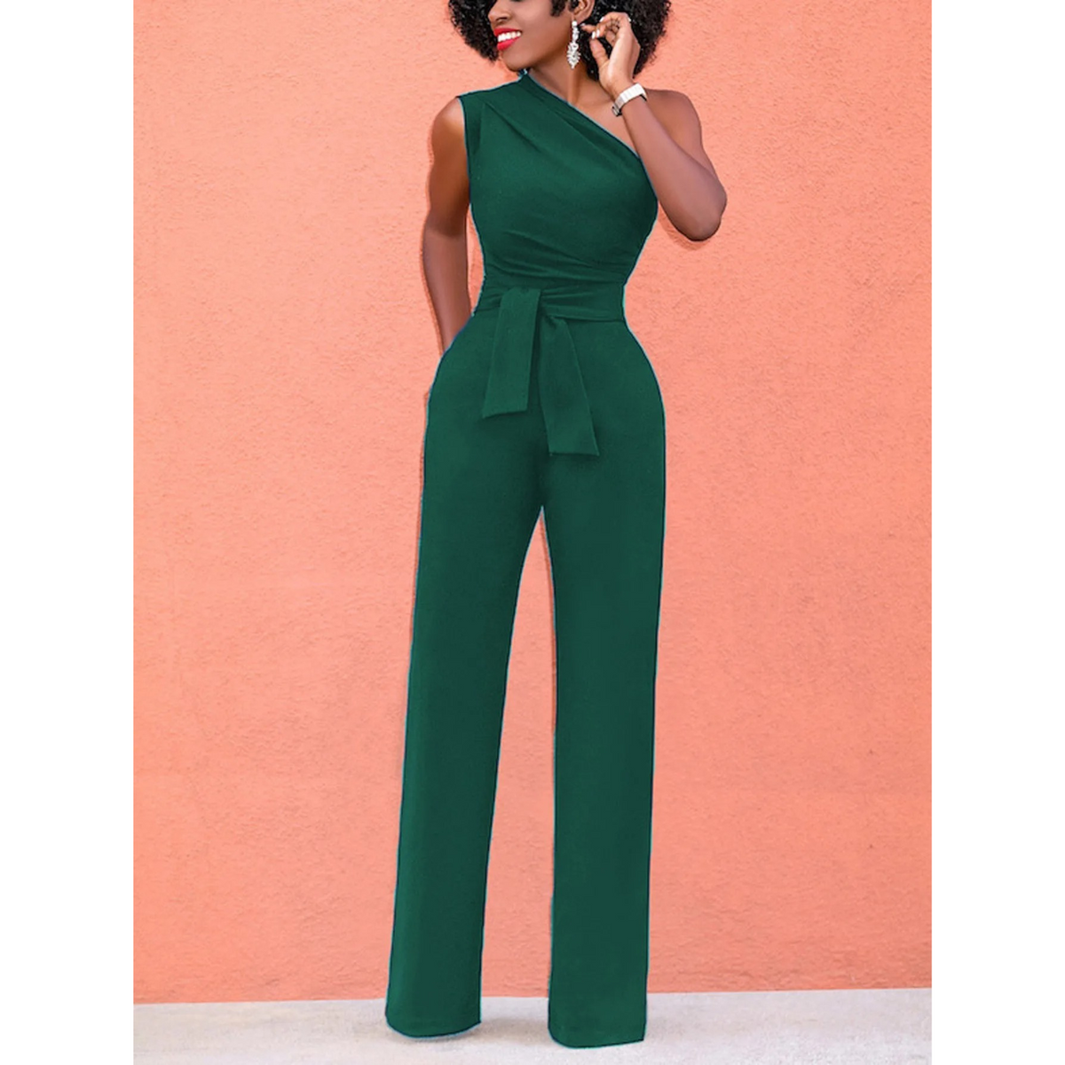 Women's Short Sleeve Jumpsuit with Wide Legs - Green