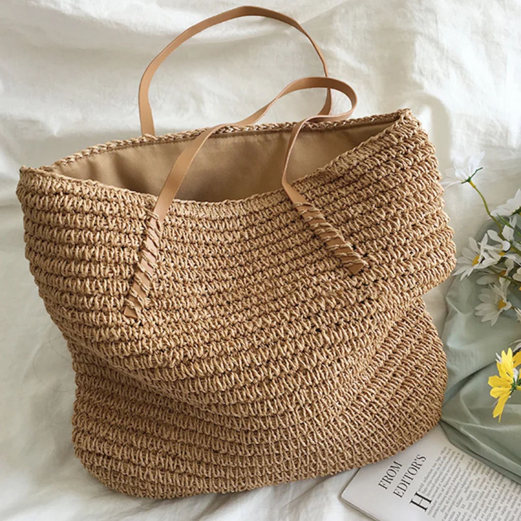 Women's Woven Straw Shoulder Bag with Spacious Interior - 12