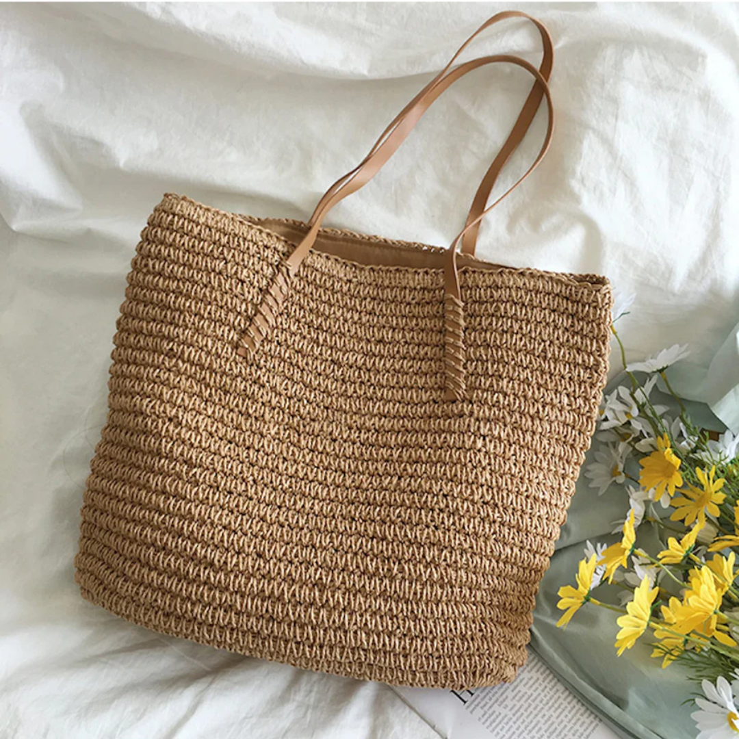 Women's Woven Straw Shoulder Bag with Spacious Interior - 6