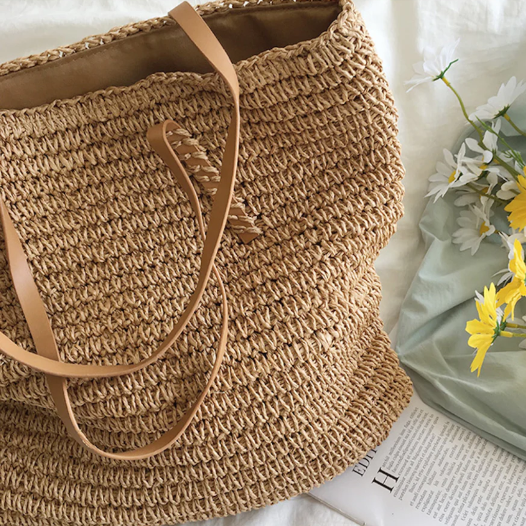 Women's Woven Straw Shoulder Bag with Spacious Interior - 7