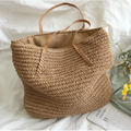 Women's Woven Straw Shoulder Bag with Spacious Interior - Brown