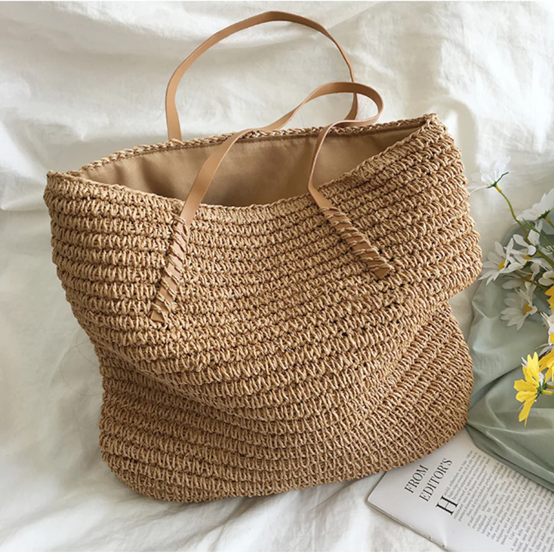 Women's Woven Straw Shoulder Bag with Spacious Interior - Brown
