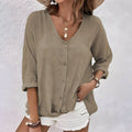 Women's V-Neck Button-Up Blouse with Roll-Up Sleeves - Khaki