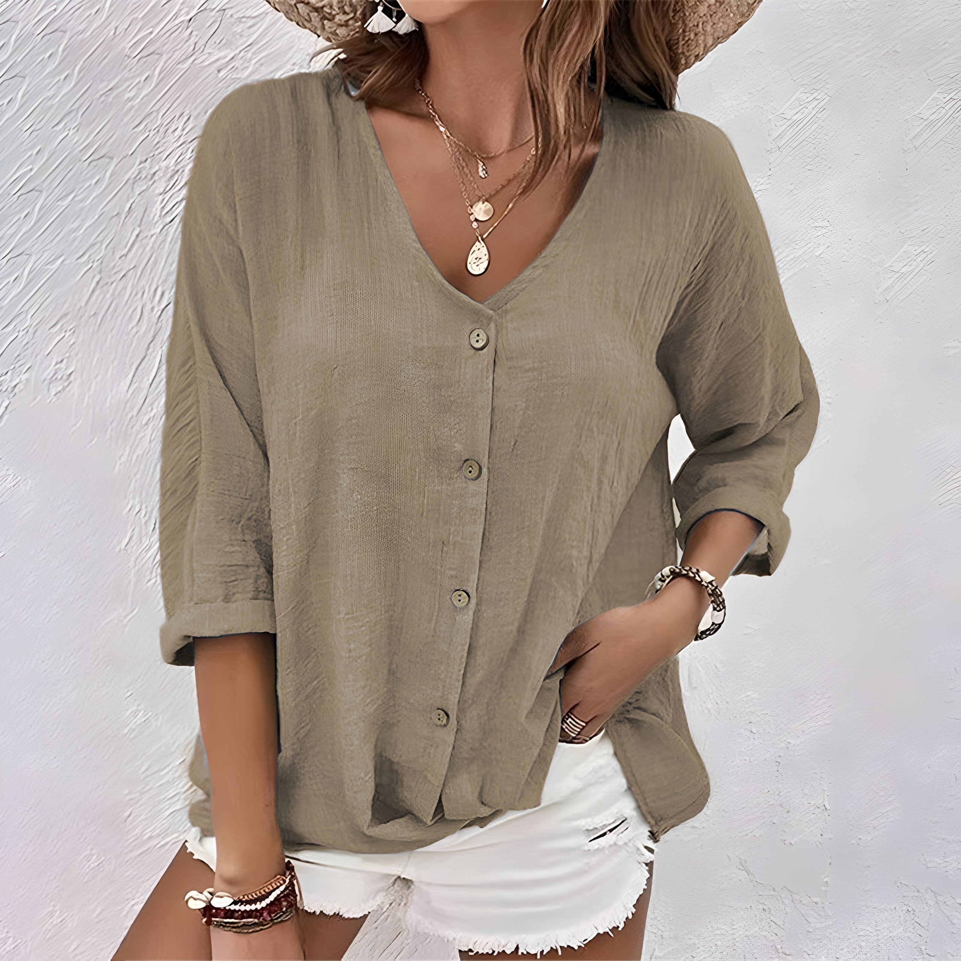 Women's V-Neck Button-Up Blouse with Roll-Up Sleeves - Khaki