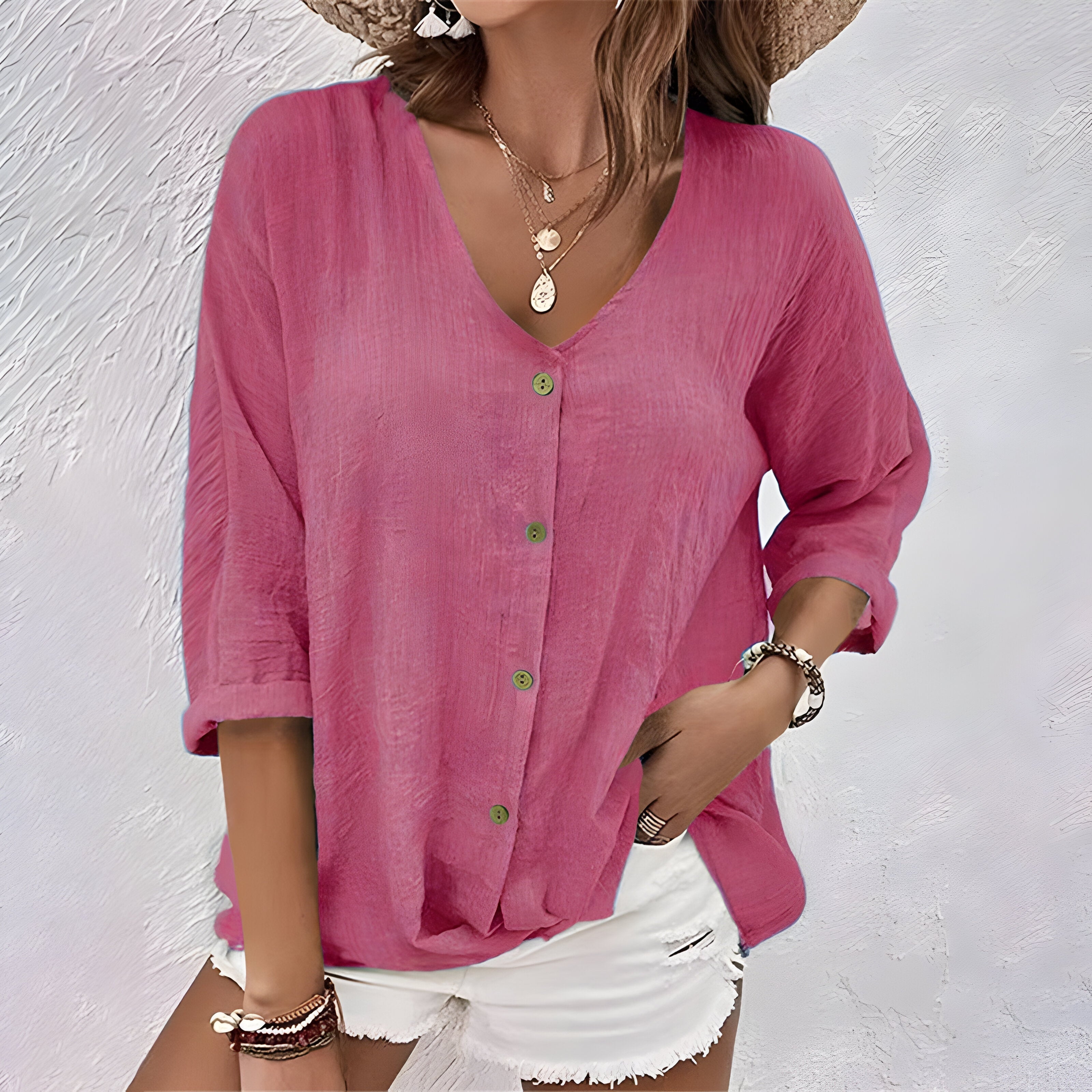 Women's V-Neck Button-Up Blouse with Roll-Up Sleeves - Pink