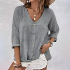 Women's V-Neck Button-Up Blouse with Roll-Up Sleeves - 5