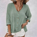 Women's V-Neck Button-Up Blouse with Roll-Up Sleeves - Green