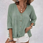 Women's V-Neck Button-Up Blouse with Roll-Up Sleeves - Green