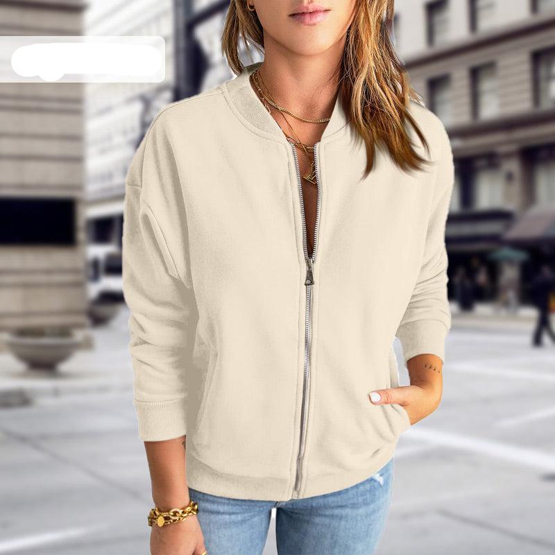 Women's Bomber Jacket with Zip and Pockets - Apricot