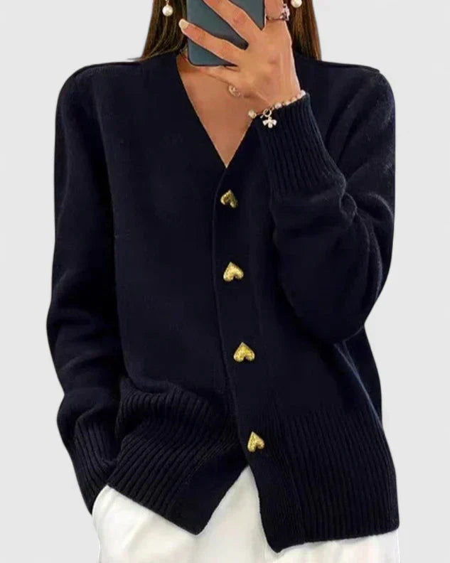 Women's Cardigan V-Neck with Heart Button Detail - Black
