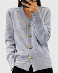 Women's Cardigan V-Neck with Heart Button Detail - Grey