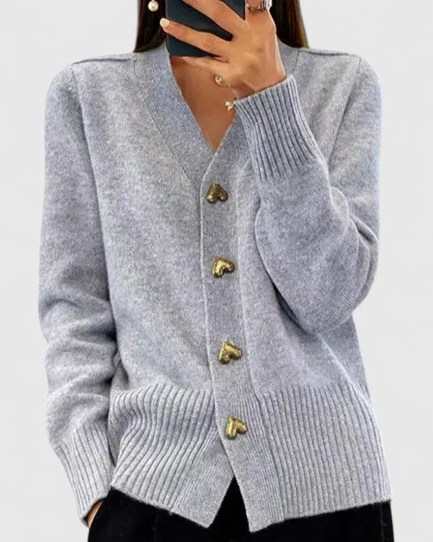 Women's Cardigan V-Neck with Heart Button Detail - Grey
