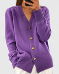 Women's Cardigan V-Neck with Heart Button Detail - Violet
