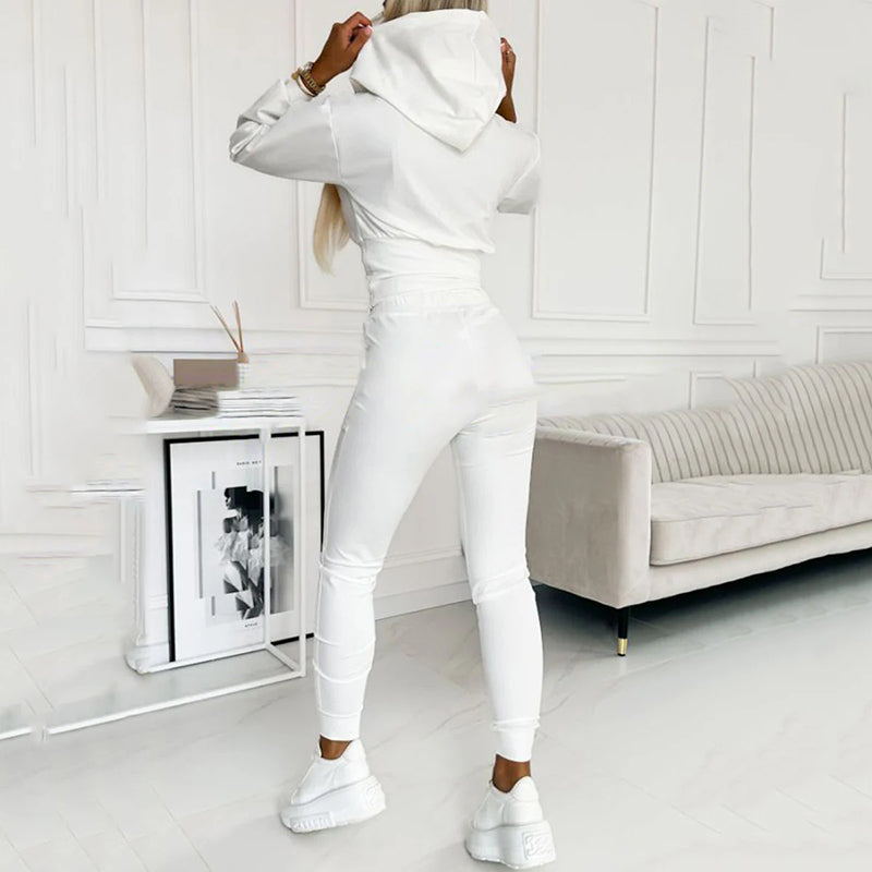 Women's Two-Piece Set Hooded Crop Top and High-Waist Trousers - 2