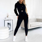 Women's Two-Piece Set Hooded Crop Top and High-Waist Trousers - Black