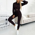 Women's Two-Piece Set Hooded Crop Top and High-Waist Trousers - Dark Brown